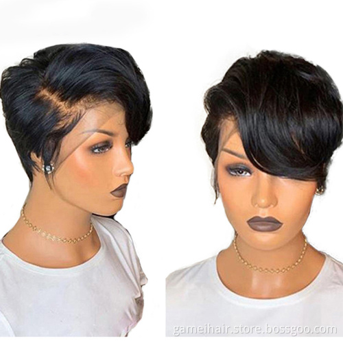 Short Bob  Pixie Cut Wig Straight Human Hair T Part Transparent Lace Wig Side Part Wig For Women Preplucked Hairline
